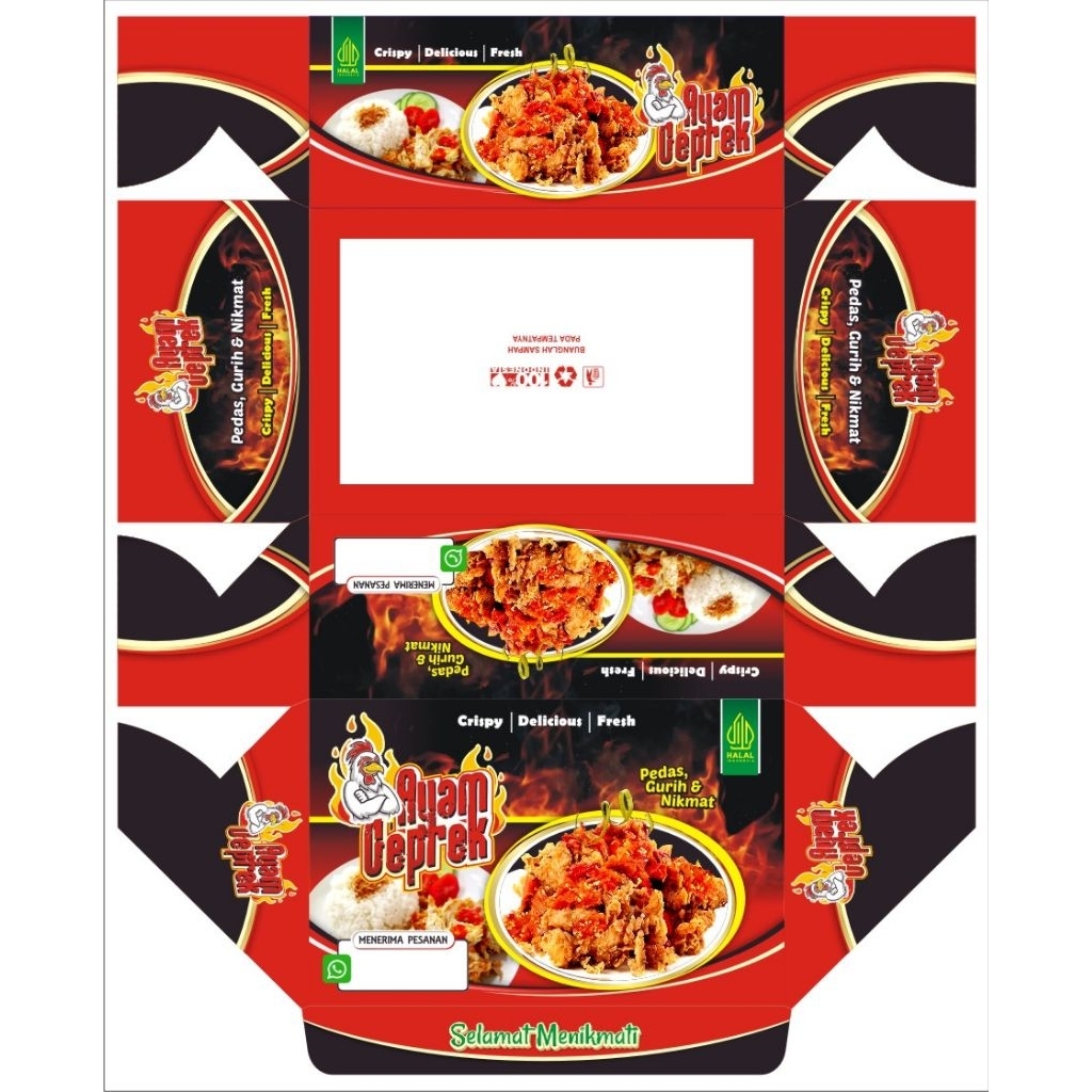100 lembar box ayam geprek motif / kemasan ayam geprek ukuran 10×15,5×6 cm / kertas ayam geprek / ka