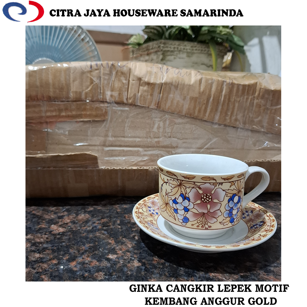 Cangkir & Lepek 1 Set GINKA Motif Kembang Gold (PER 1 KOTAK / 6 PCS)