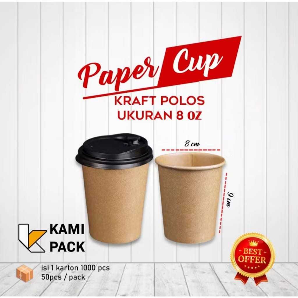 Paper cup Kraft 8 oz Gelas Kopi Kertas Craft 8oz Coffee Panas 240ml POLOS / MOTIF TUTUP LID PAPER CU