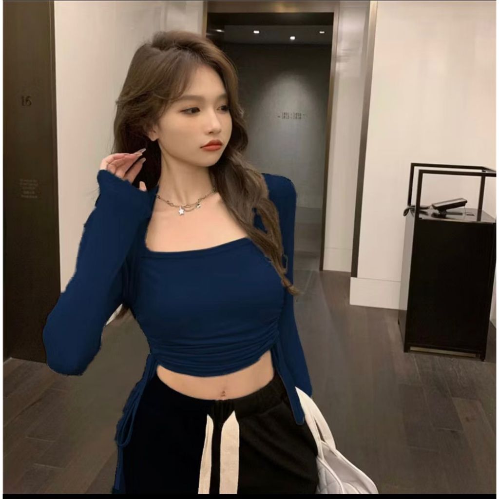 FD fashion Crop Top Serut Samping Long Sleeve Wanita / Crop Top Serut Lengan Panjang Wanita 6042