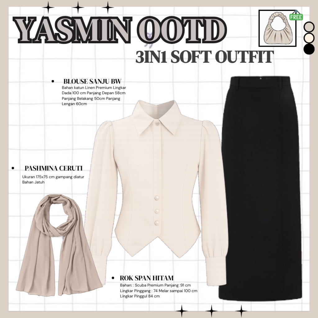 Yasmin OOTD Set Setelan Wanita ( Blouse + Rok Span + Pashmina ) One Set Outfit Remaja Kekinian