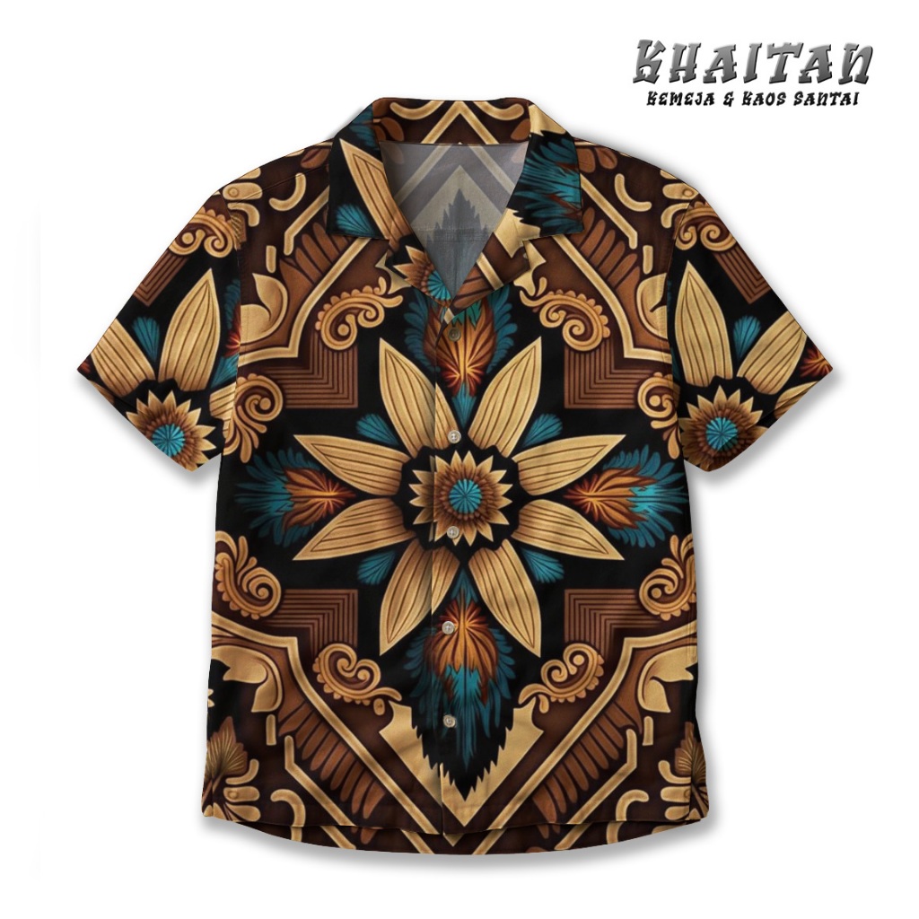 KHAITAN Kemeja Etnik Batik Modern Motif Bunga Besar Elegan Pria Lengan Pendek Adem Unik KT-64