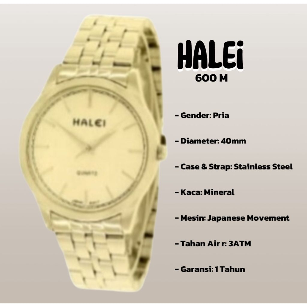 halei 600 M jam tangan pria halei original fashion casual analog rantai stainless anti air
