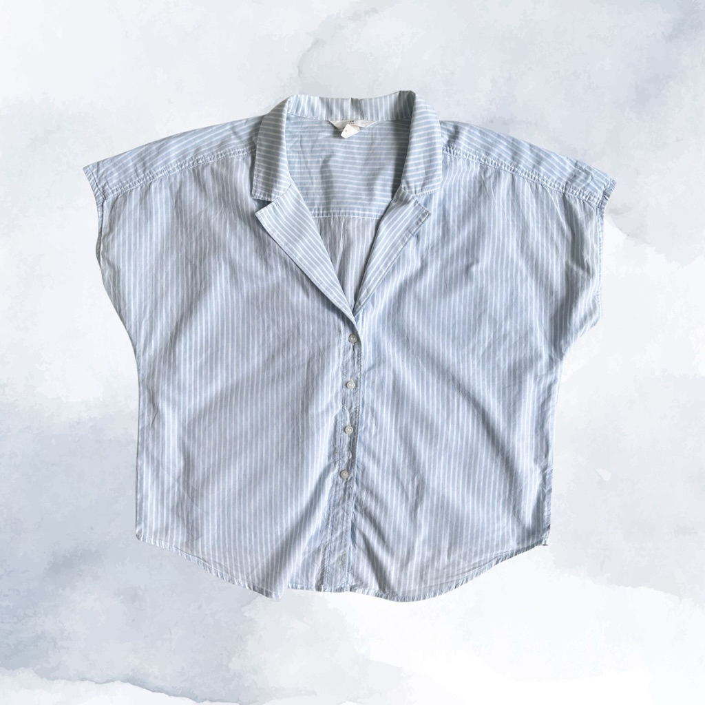 H&M stripe shirt blue and white casual top semi crop short sleeve kemeja salur wanita model nagita b