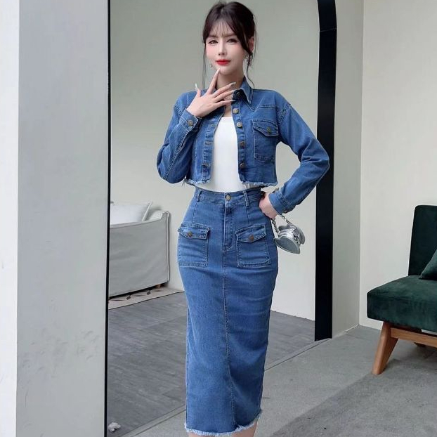 BUYWITHLOVE.ID - LEA LONG ONE SET JEANS / Set Denim Wanita Big Size / Set Jeans Rok Korean Style Lin