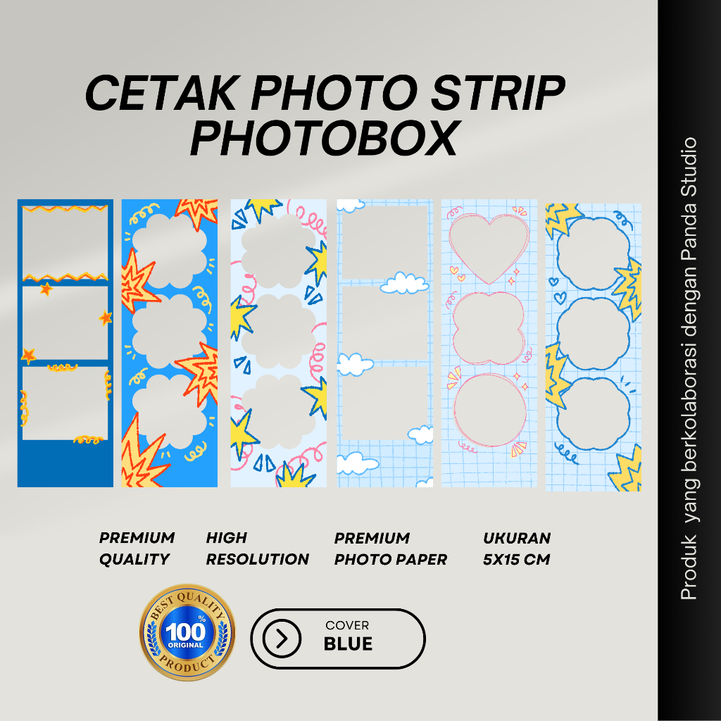 Cetak Photo Strip Photobox Photobooth (5x15cm) Free Template Frame Blue