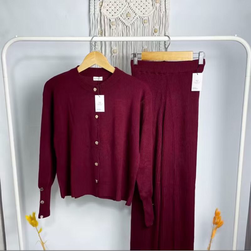 One set Celana Kulot Dan Starla Cardigan Rajut Wanita Tebal