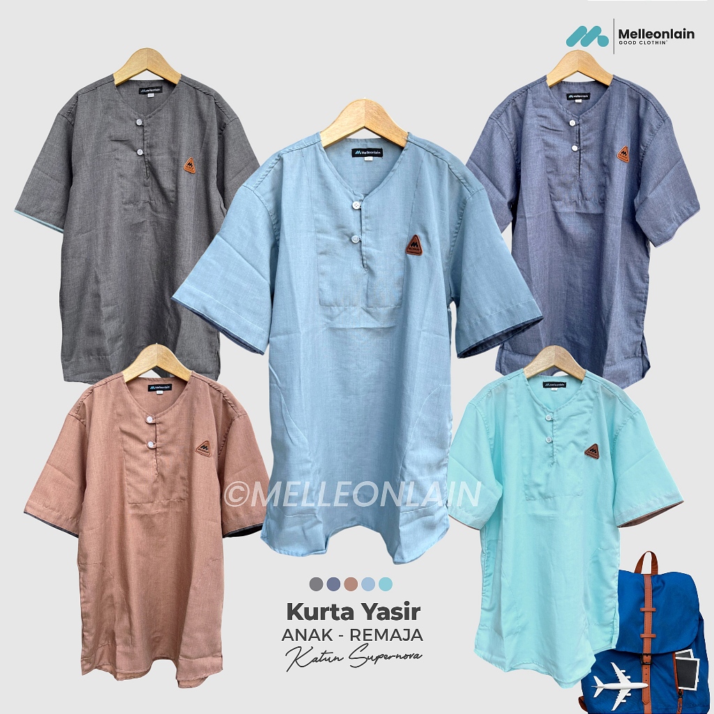 Baju Koko Kurta ANAK YASIR Kerah Oblong Lengan Pendek Katun Polos Muslim Melleonlain