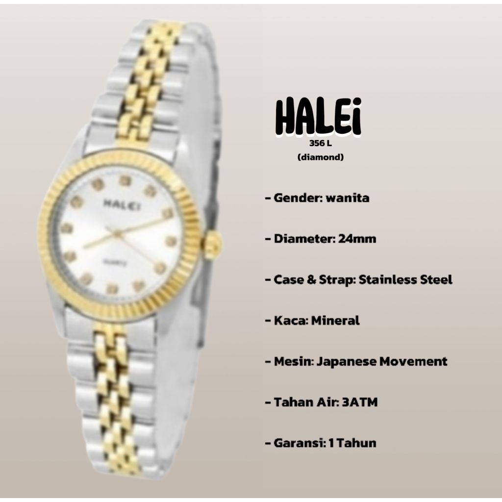halei 356 L jam tangan wanita halei original fashion casual analog rantai stainless anti air