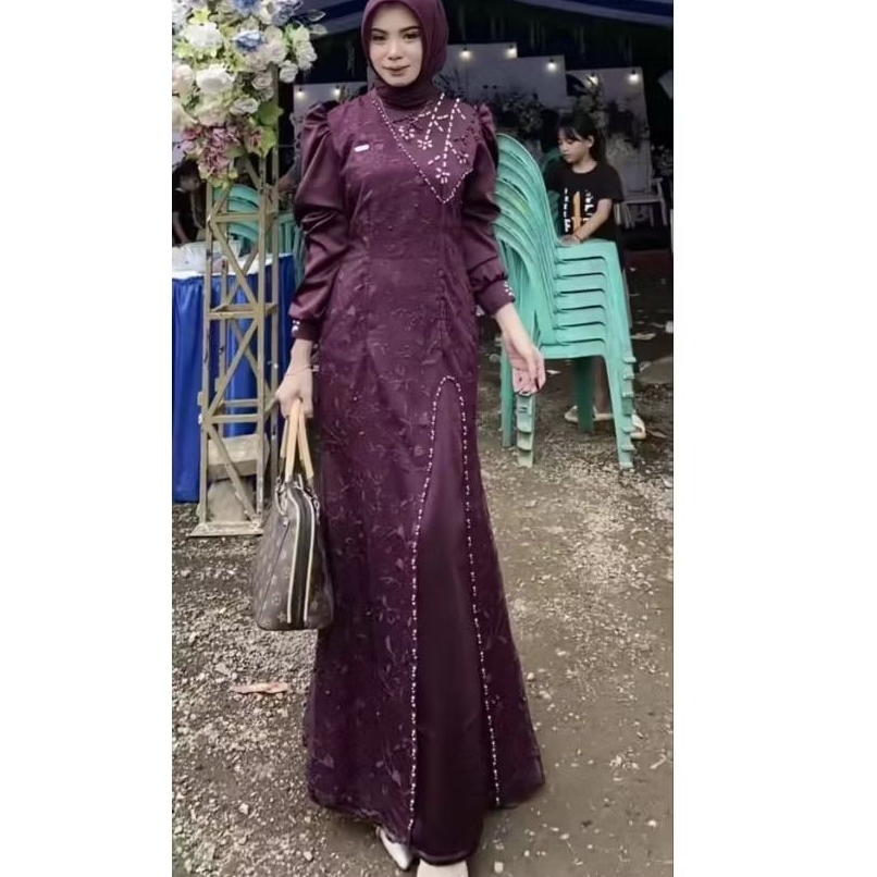 CARLA DRESS - baju gamis lebaran satin full burkat Payet mewah dress pesta kekinian