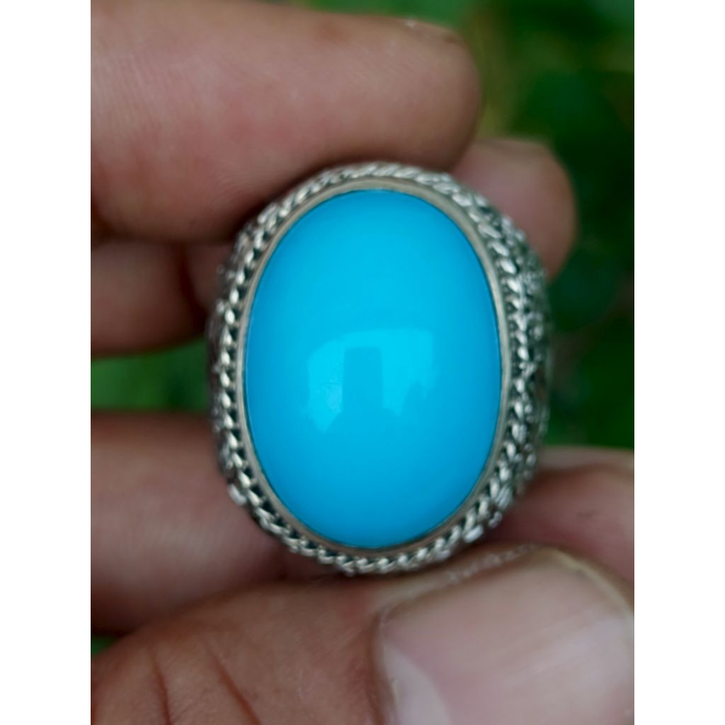 Batu Natural Pirus Persia Polos Neyzhabur Biru Tajam Solid Bersih Bigsize Mumbul Gagah Dim-22 Ring P