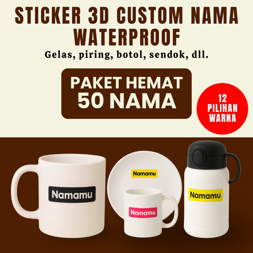 

Sticker Perabotan Custom Nama 50 Pcs Piring Sendok Botol Gelas timbul waterproof label 3D