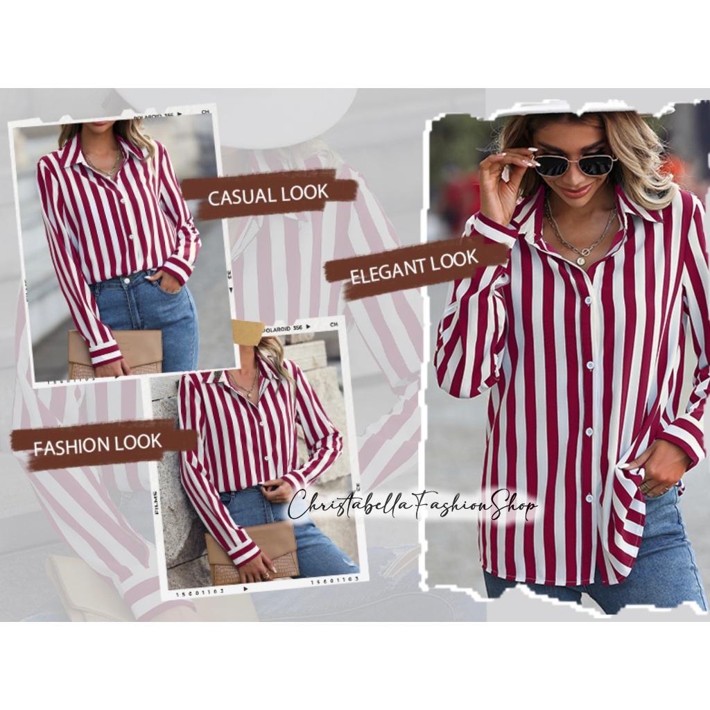 Kemeja Wanita Salur Maroon / Kemeja Garis Stipe / Kemeja Garis Wanita Kemeja Jumbo Terbaru Kekinian