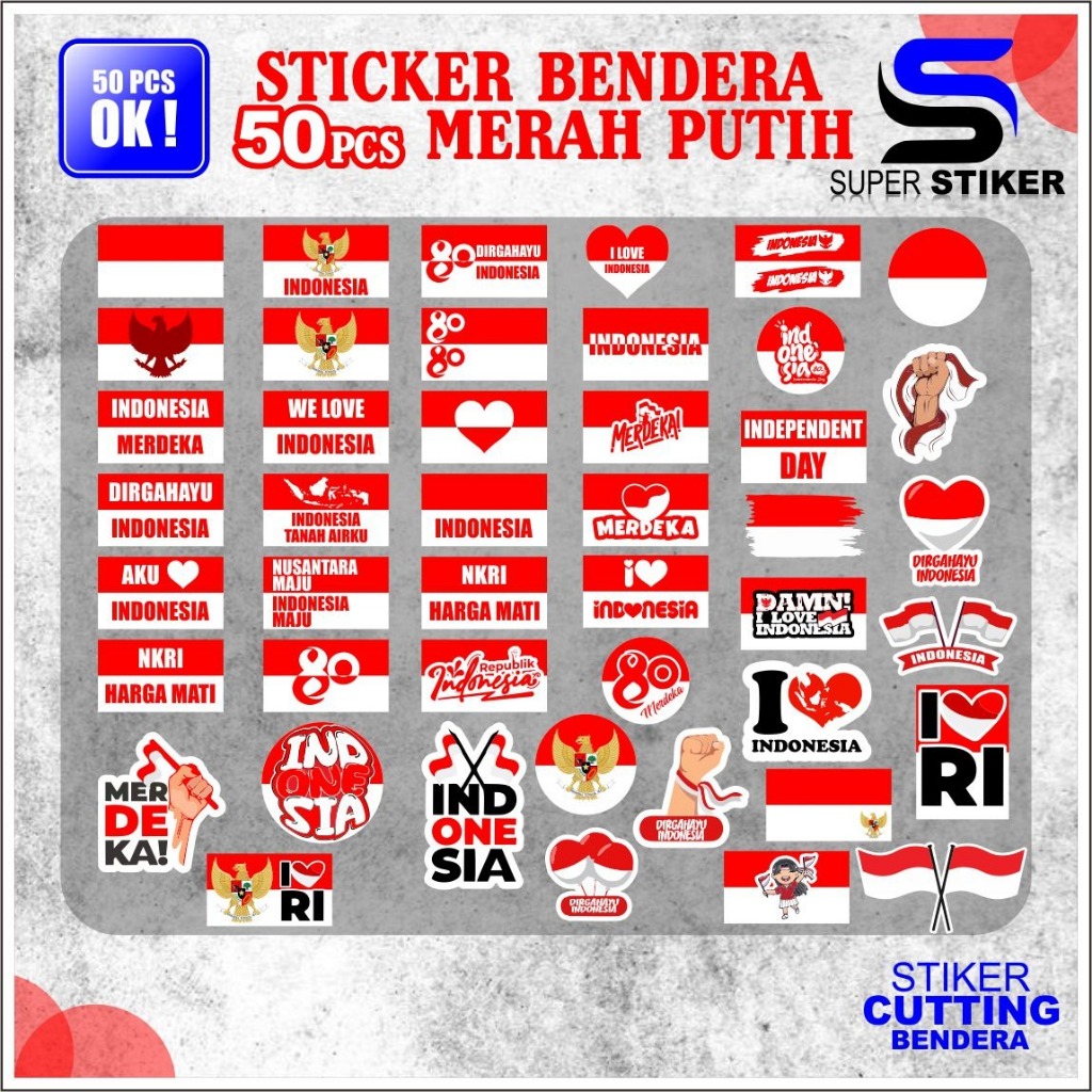 

50 pcs stiker pack bendera indonesia merah putih sudah terpotong waterproof bisa untuk di tempel di pipi uk.4x2cm