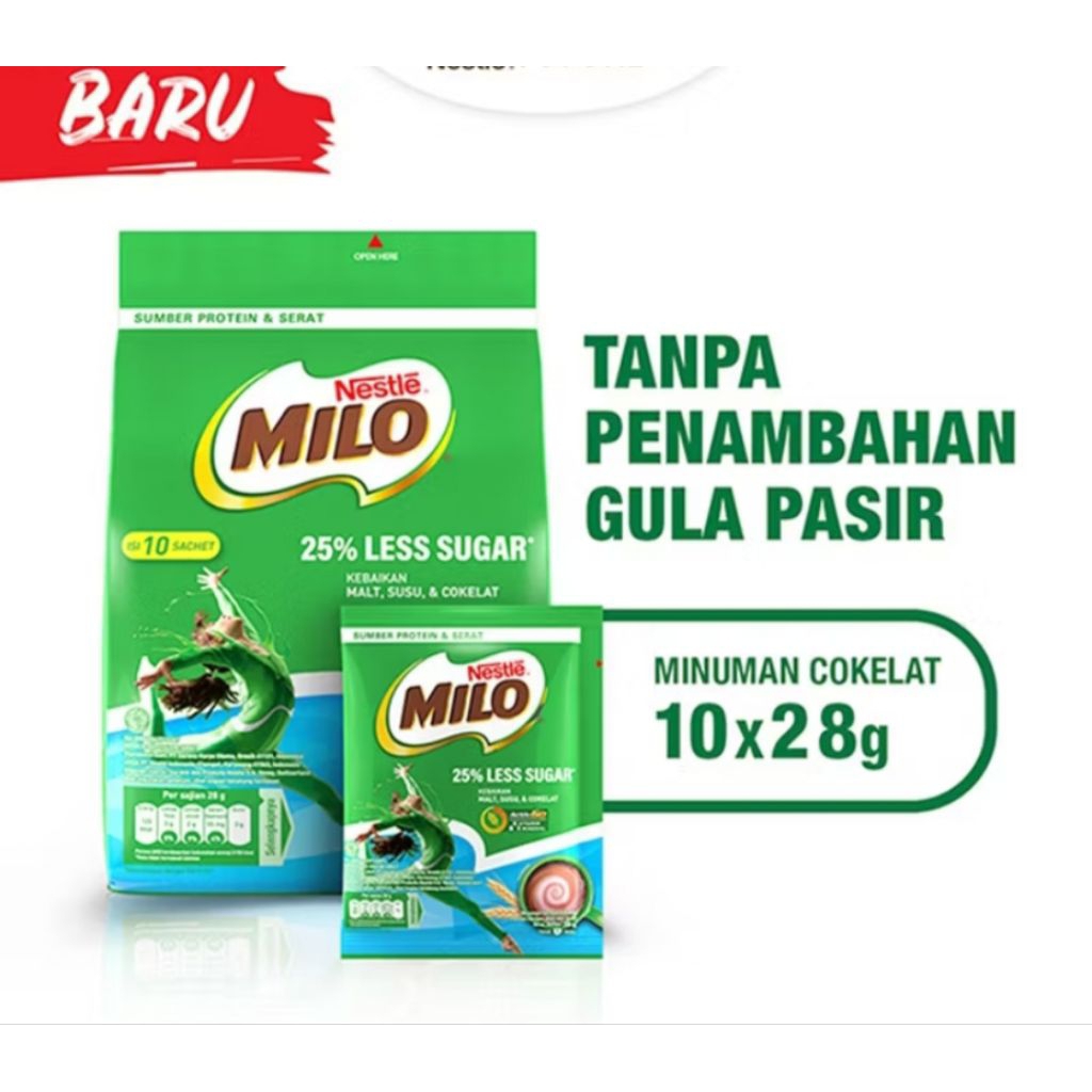

susu milo less sugar 28 gram kemasan renceng isi 10