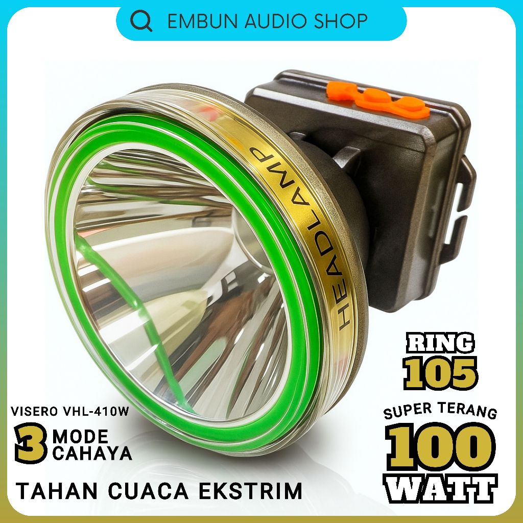 Ring 104 Senter Kepala Cahaya Putih Daya 100W VISERO HL-410W Waterproof Baterai 4800mAh Cas Ulang
