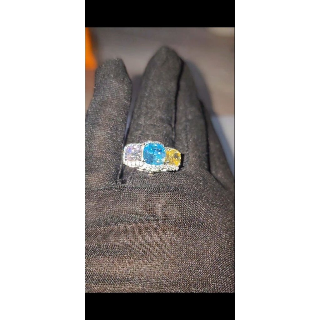 cincin 3 batu blue topaz citrine,pink topaz