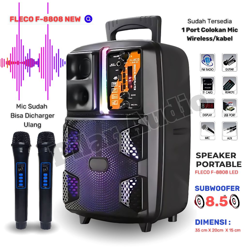 Speaker Bluetooth FLECO F-8808 LED NEW 8.5 Inch Free 2 Mic Wireless Karaoke (Bisa Dicas Ulang) + Rem