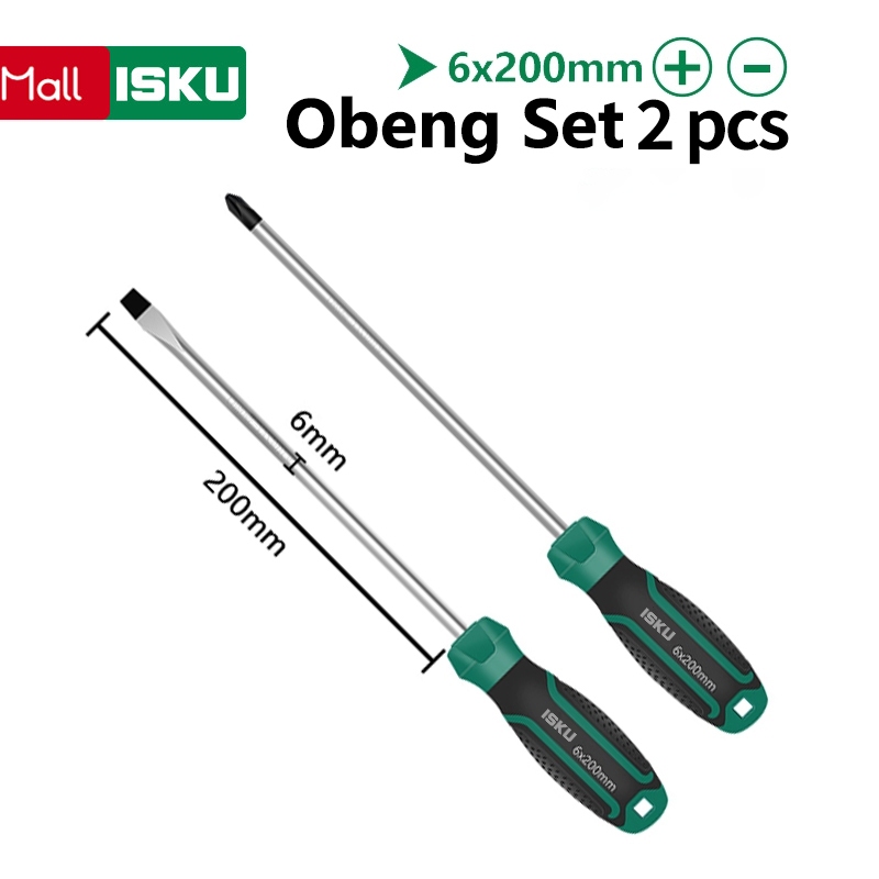 ISKU Obeng Set 2PCS 6*200mm Magnet Plus Dan Minus Screwdriver Set Kuat Bahan Chrome Vanadium