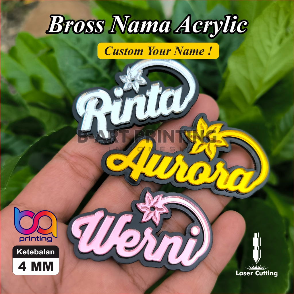 (NBB) BROS JILBAB CUSTOM NAMA Akrilik Mirror Model Bunga Daun | Bros Kerudung Hijab | Custom Nama | 