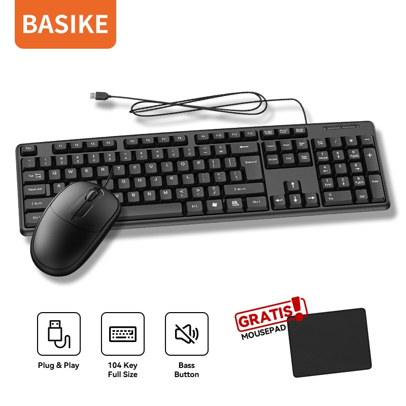 (HOT)BASIKE Keyboard Wired Kabel USB Portable 104 Key Office Keyboard & Mouse Set Bass for PC Laptop