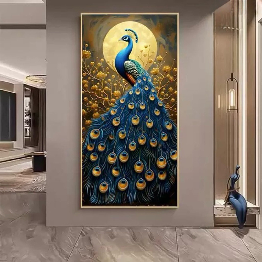KOKOPAINTING Lukisan Porcelain Diamond 5D Kristal Motif Burung Merak Biru Malam Estetik / Pajangan D