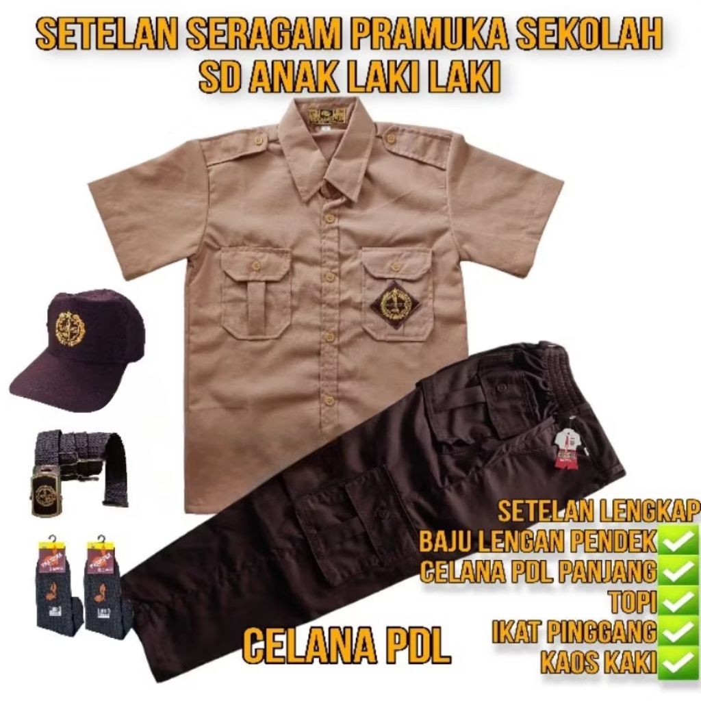 Paket Seragam Pramuka lengkap Anak SD Pria Wanita | Setelan Seragam Baju Pramuka Penggalang Lengan P