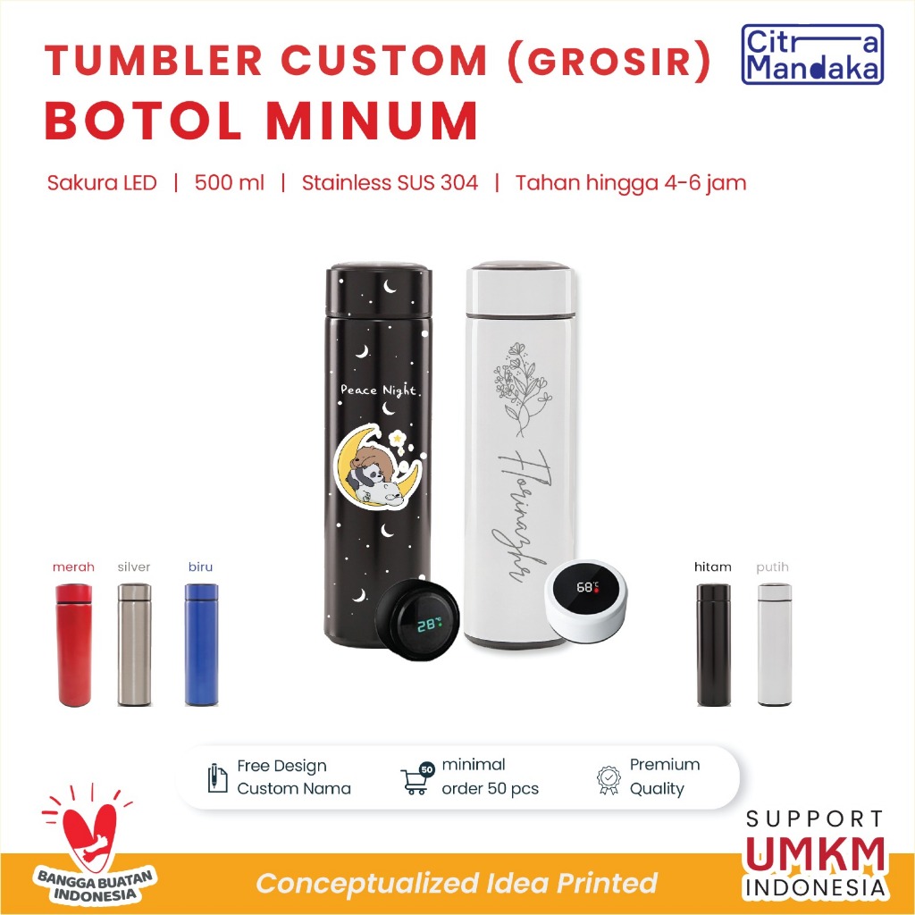 Tumbler Minum Kopi Souvenir Custom Stainless UV Print Sakura LED 500 ML | Botol Minum Tumbler Souven