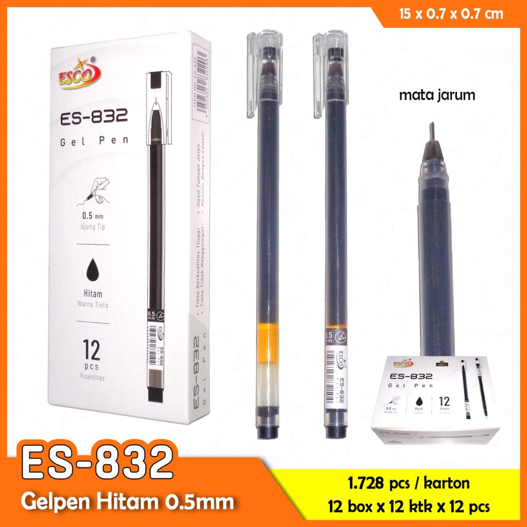 

GROSIR 1Lsn(12pcs) ESCO ES-832 Gel Pen hitam 0,5mm // Pen Gel hitam // Pen gel murah