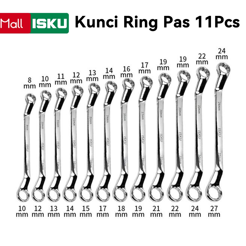 ISKU Kunci Ring Pas Set 11 pcs 8-27mm Alat Perkakas Tools Kunci Ring Pas 1 Lengkap