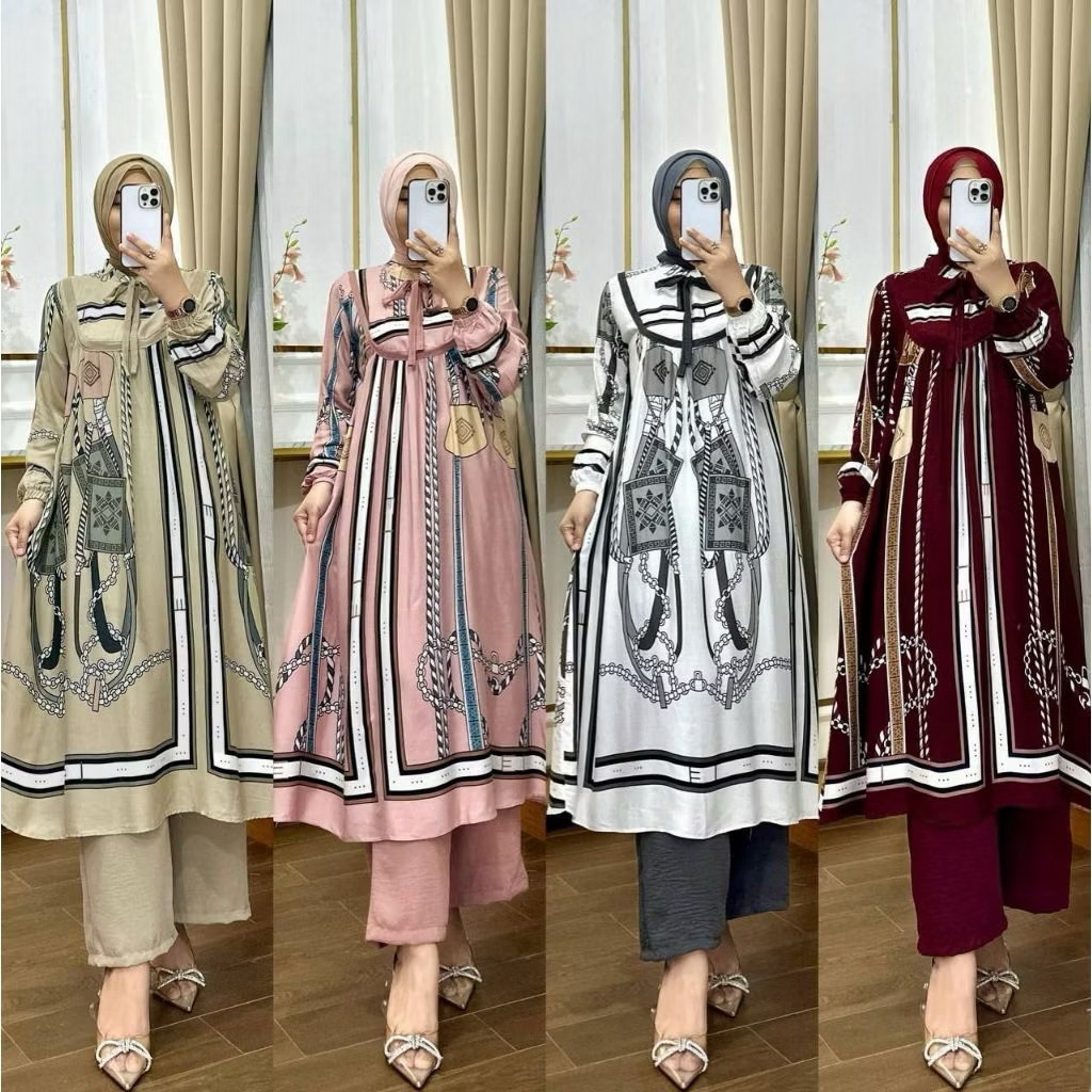 Hot Mahira Aurey Tunik Rayon - Setelan Long Tunik Rayon Motif Bunga New Celana Crinkle Premium - One