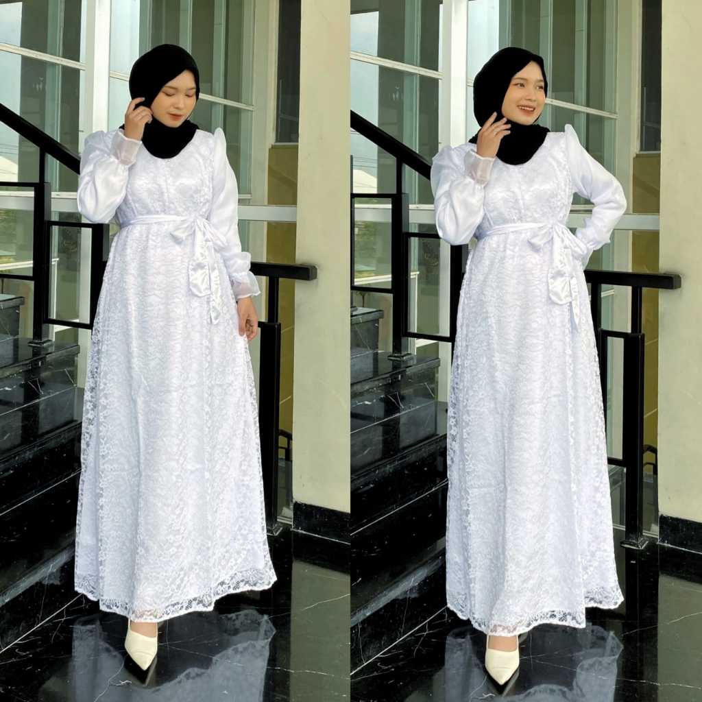 Aldina - Gamis Putih Wanita Kekinian / Raya Dress Brukat / Baju Lebaran / Dress Idul Fitri / Gamis P