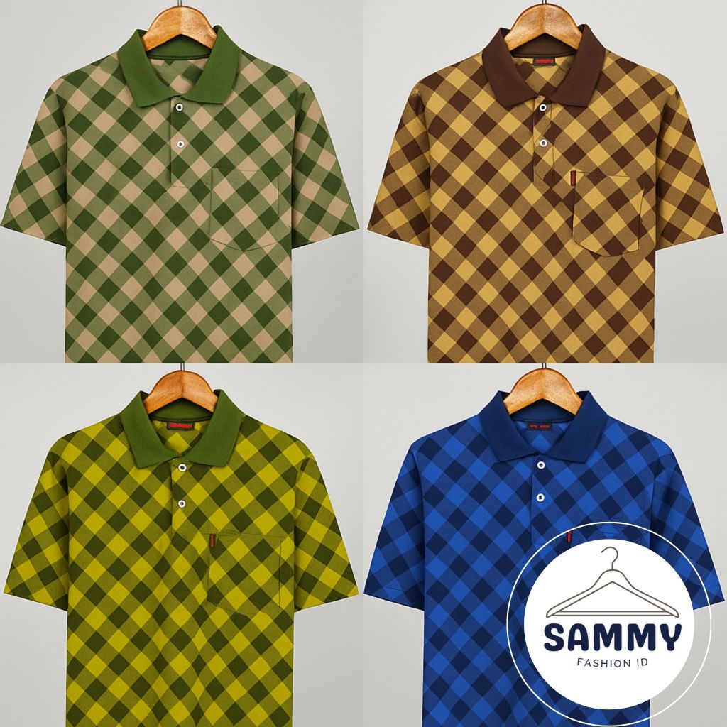Kaos Kerah Kotak Retro - Checkered Polo Bapak Pria - Kaos murah