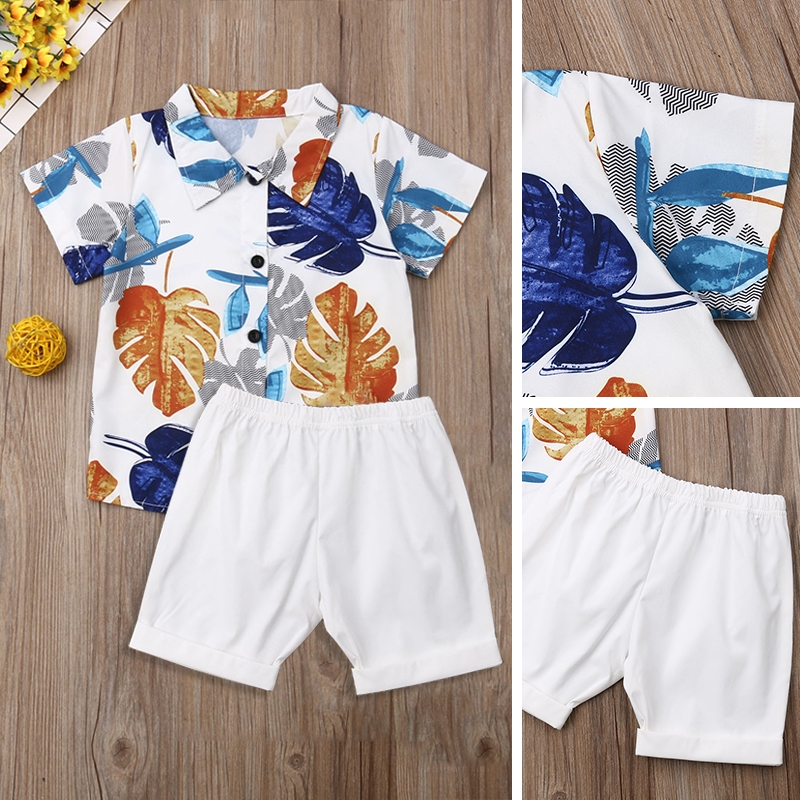 2 Pcs Set bayi bayi anak laki-laki pisang daun cetak kaos + warna padat celana pendek pakaian