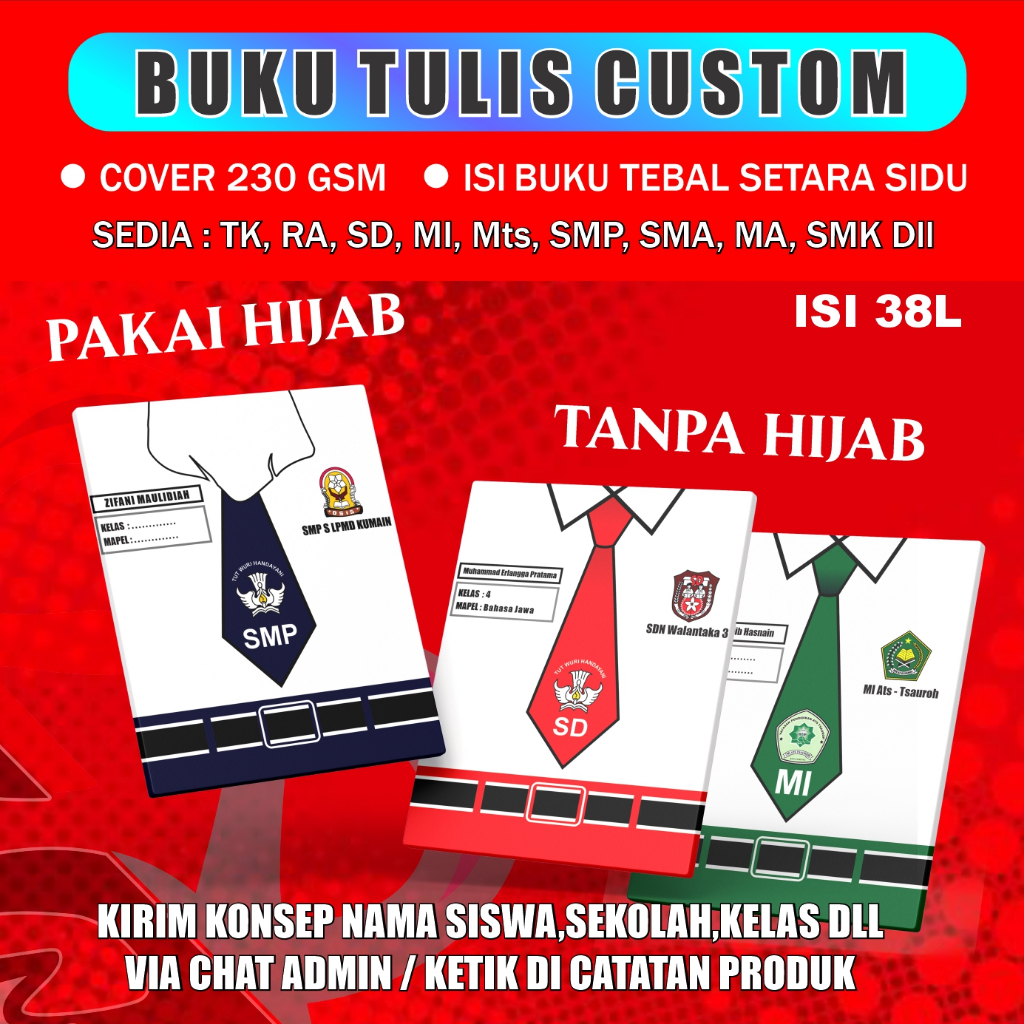 

Buku tulis custom nama siswa & sekolah dll isi 38 lembar, SD,MI,MTS,SMP,SMA,SMK DLL