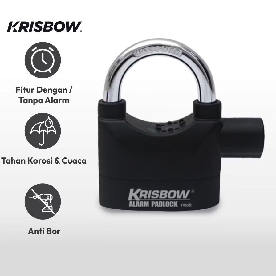 ORIGINAL Krisbow Gembok Dengan Alarm - Hitam Padlock Pengunci Serbaguna Perlengkapan Keamanan Kunci 