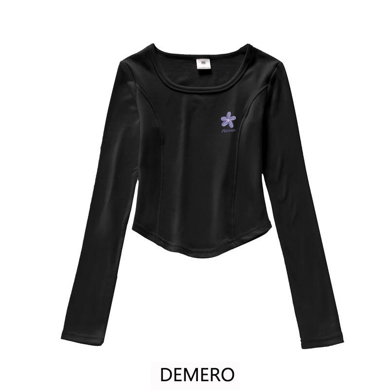 Demero Atasan Pendek Lengan Panjang Motif Kartun Cetak bunga| Kaos Ketat Wanita Modern Korea | Pakai