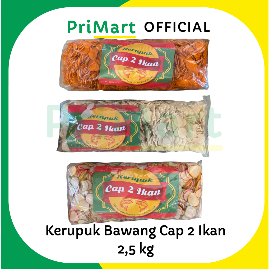 

Kerupuk Bawang mentah 2,5kg Cap 2 Ikan (Putih, Orange, Warna-warni)