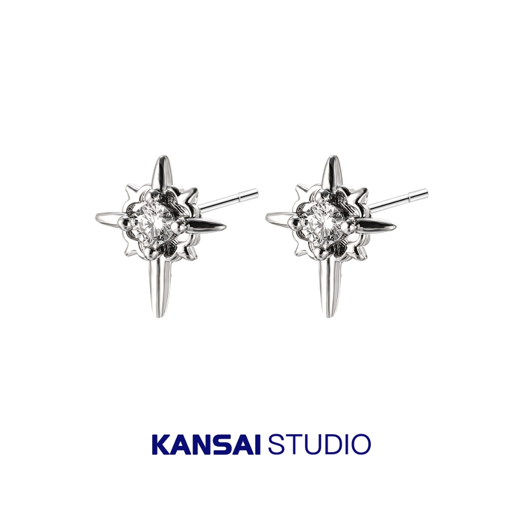 KANSAI Anting Piercing North Star Anting Zircon Hitam Putih Gaya Modis Berkelas Unisex