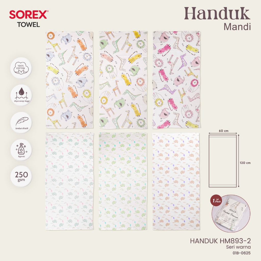 Sorex Handuk Mandi Bayi dan Balita 100% Katun Super Soft Premium Lembut Daya Serap Tinggi HM 893