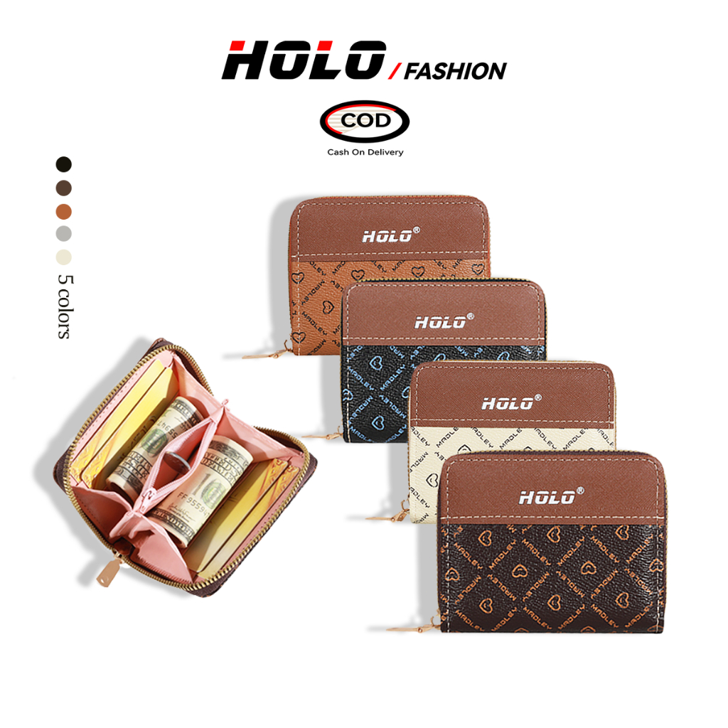 HOLO Dompet Koin Mini Card Holder Dompet Lipat Wanita Vintage Simple Dompet kartu Dan Uang Hitam