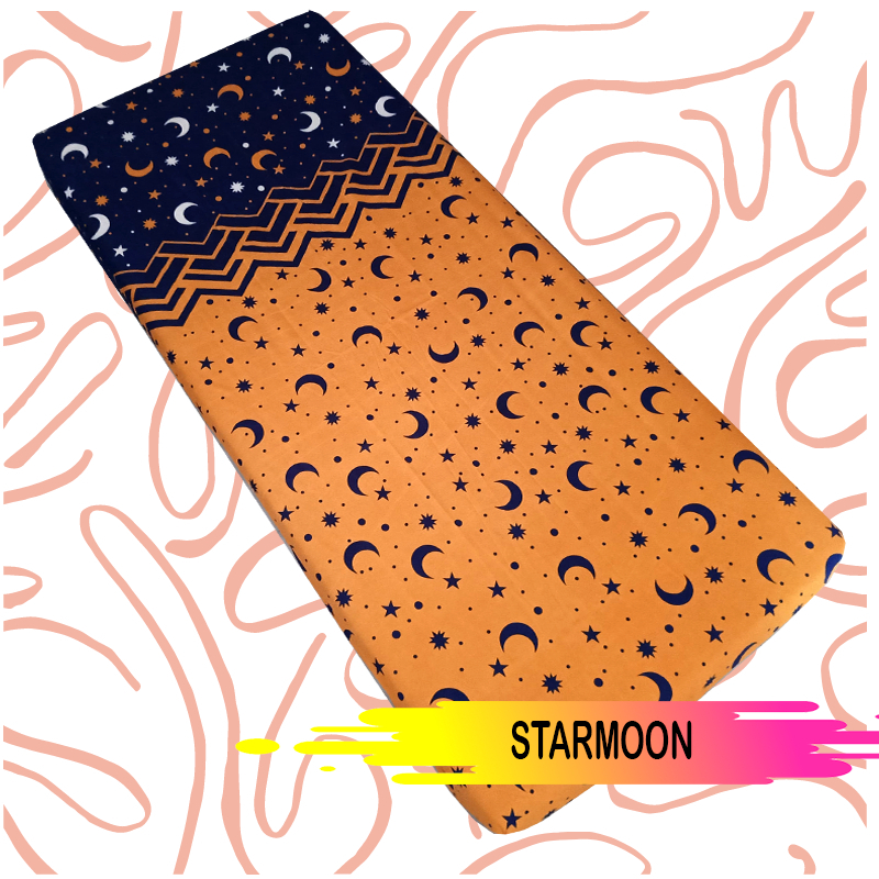 SPREI KARET KATUN PREMIUM 90/100/120 MOTIF STARMOON BULAN BINTANG STAR MOON KUNING YELLOW STARS.DN