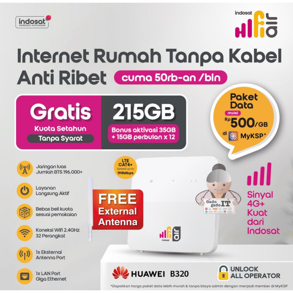 B320 Hifi Air Indosat Modem WiFi Wireless Router 4G CPE LTE Free Kuota 180GB