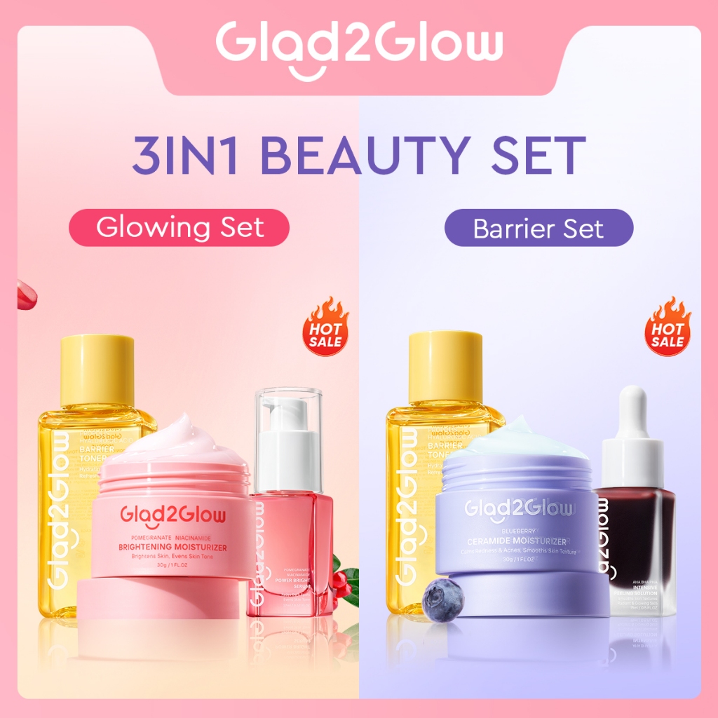Glad2Glow 3pcs Paket Skincare- Moisturizer+Serum+Toner-Acne Kit Glowing Kit Dark Spot Barrier Bright
