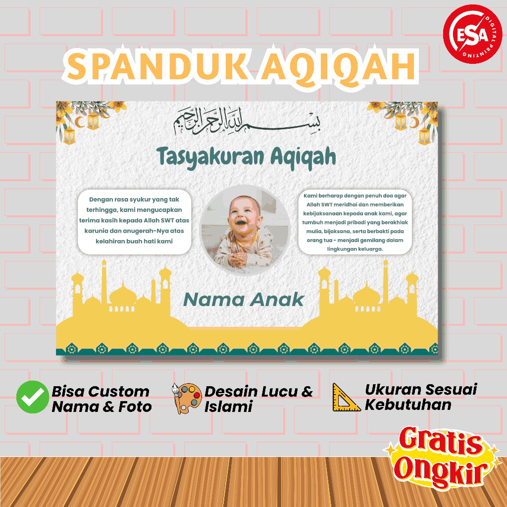 Banner Aqiqah Custom Nama & Foto Anak – Spanduk Tasyakuran Desain Lucu Murah