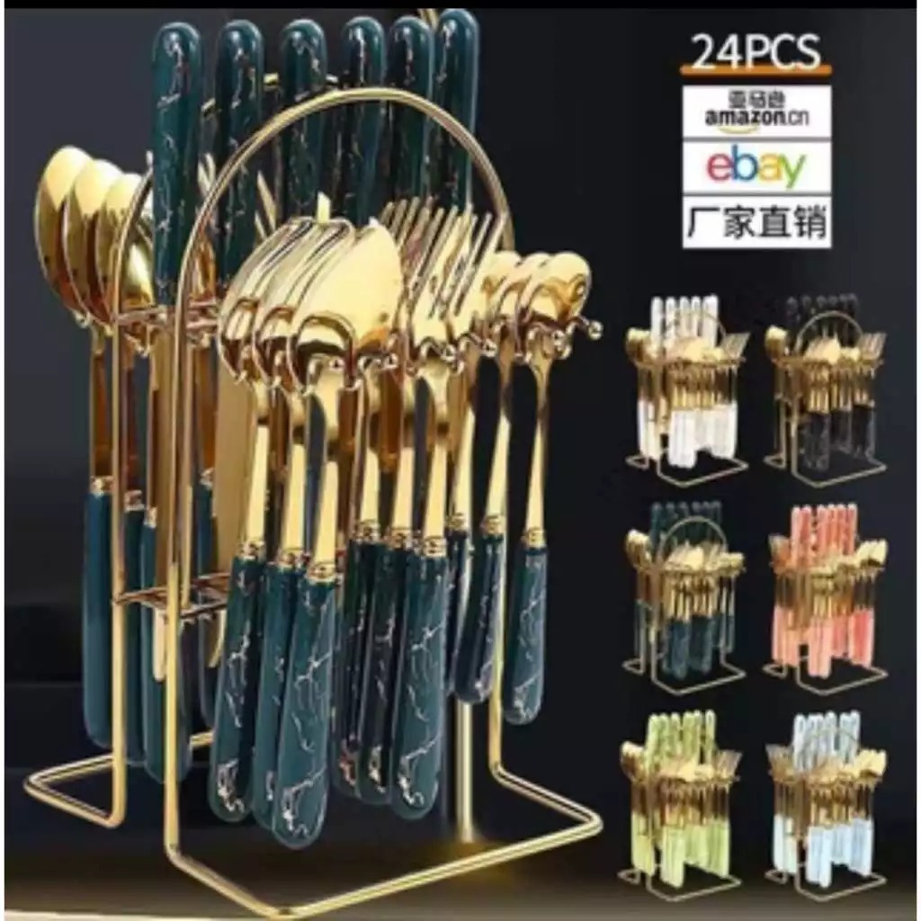 Sendok Cutlery Set Sendok Sultan Makan Set isi 24 Set Gold Marble Sendok Makan