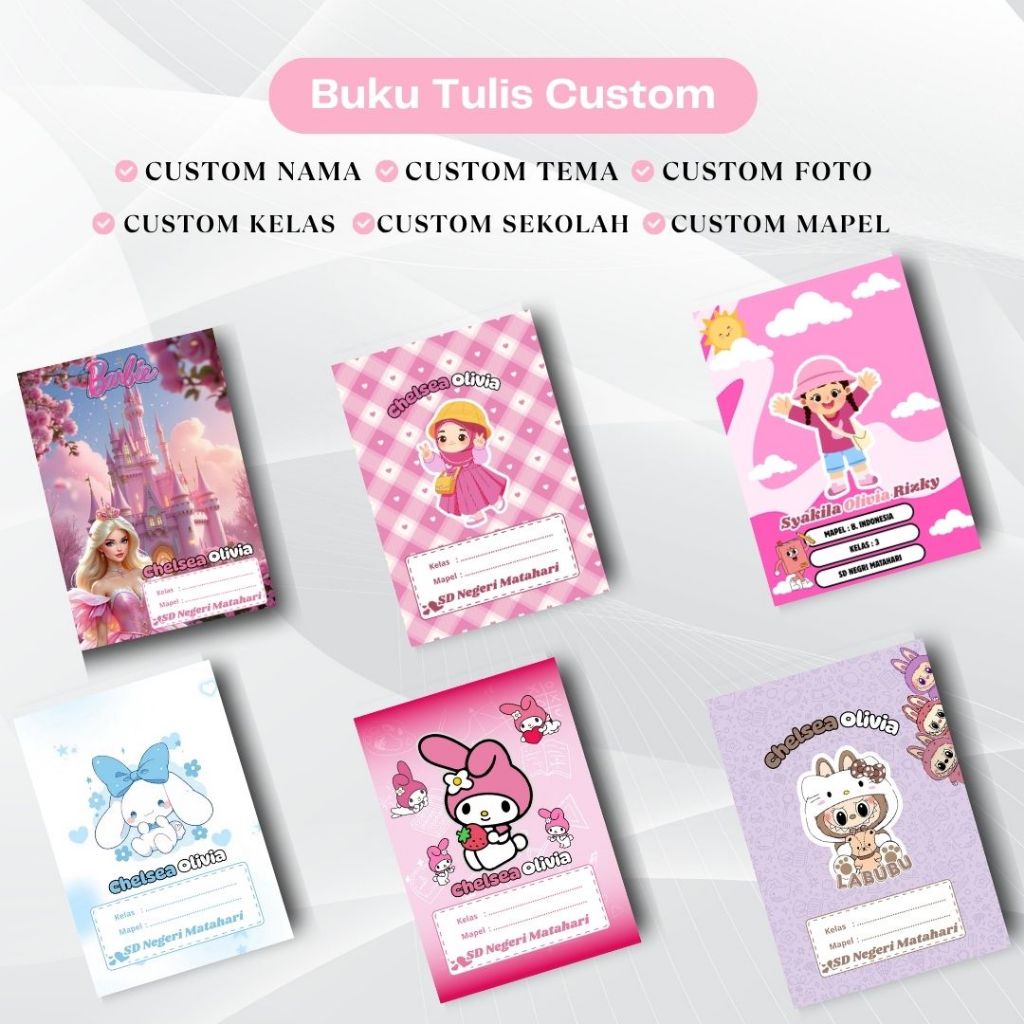 

Buku Tulis Motif Anak Perempuan, Custom Foto, Nama, Kelas, Sekolah
