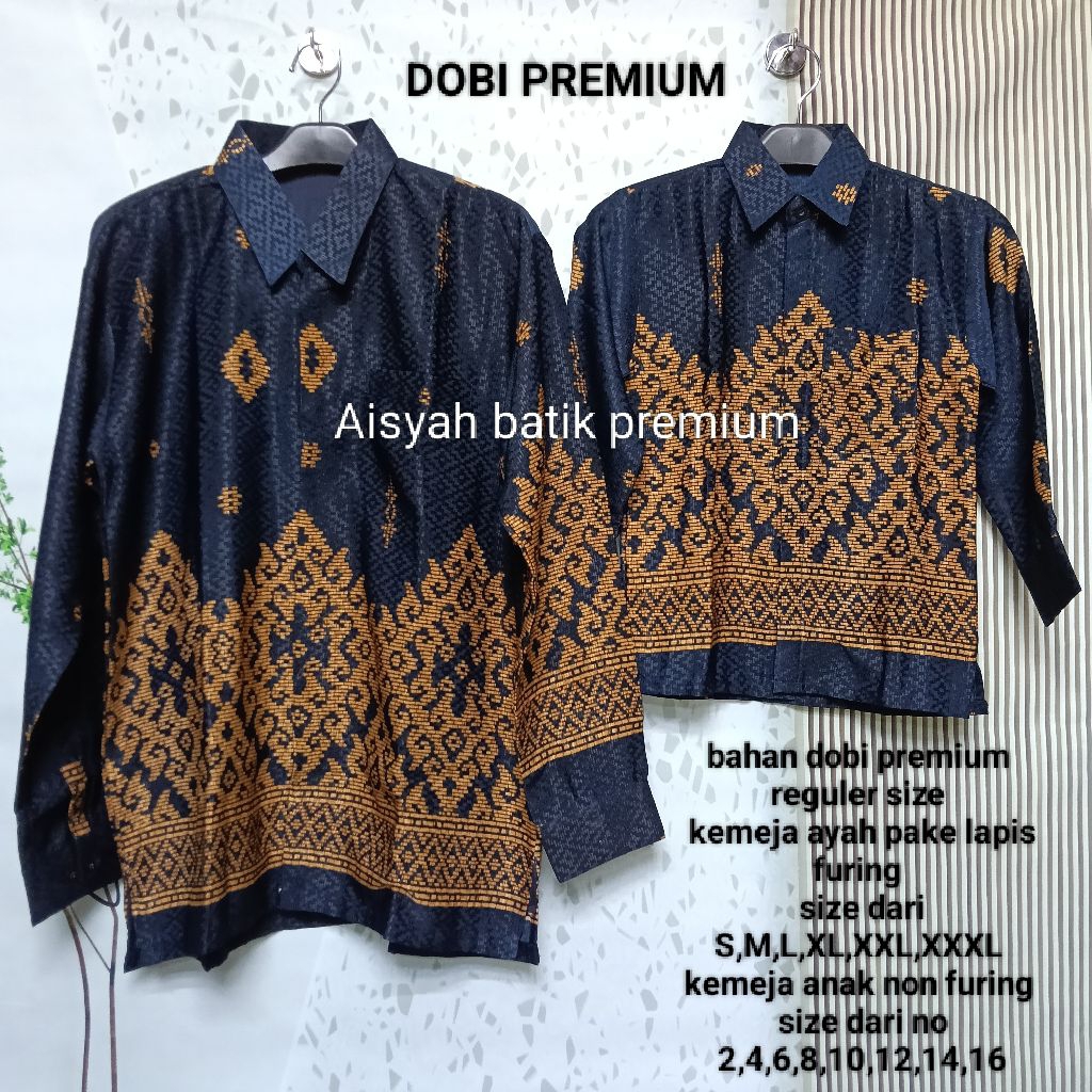 Kemeja batik dobi premium couple ayah dan anak lengan panjang warna navy gold