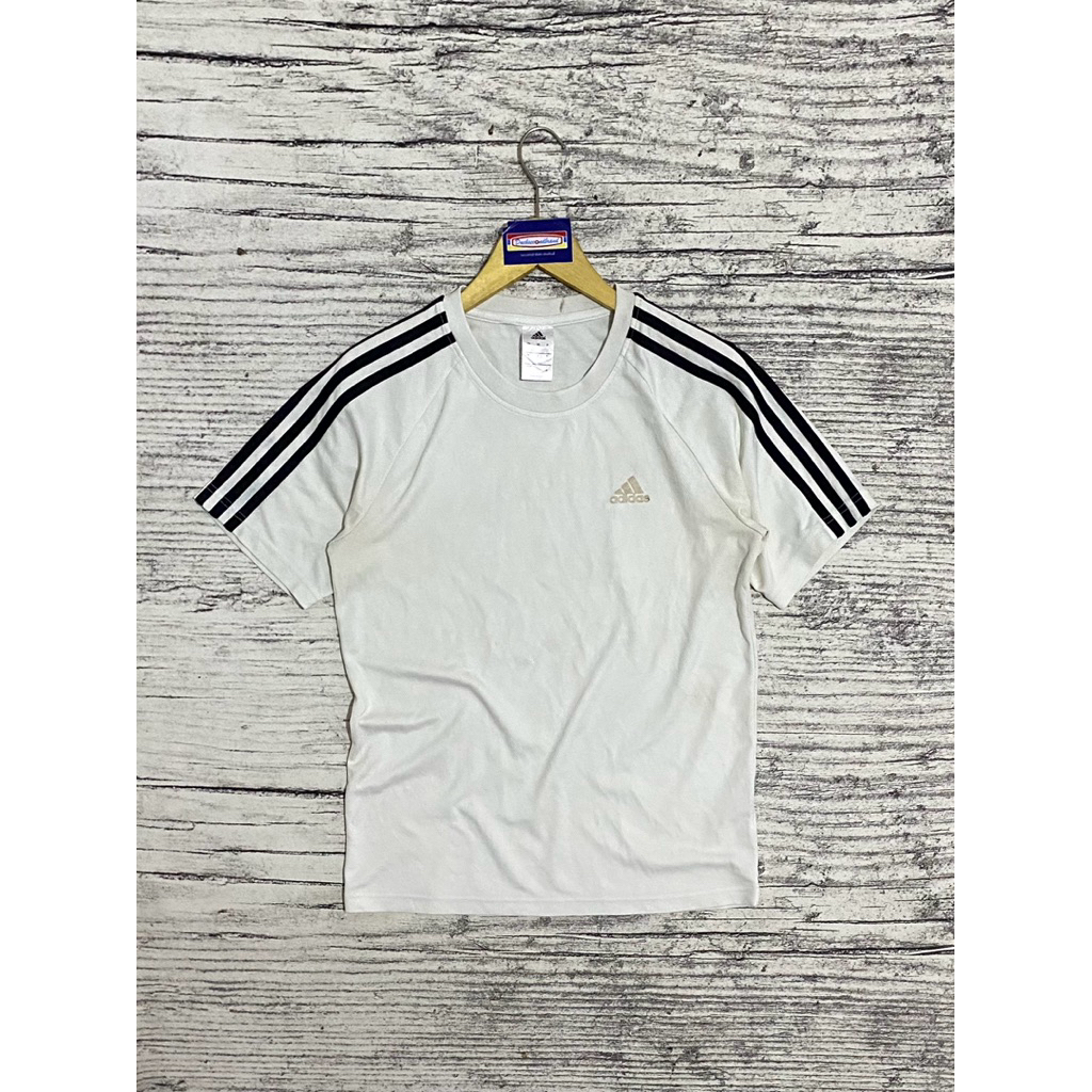 Kaos jersey olahraga lari running bola unisex Adidas climalite putih casual strip garis tiga 3 secon