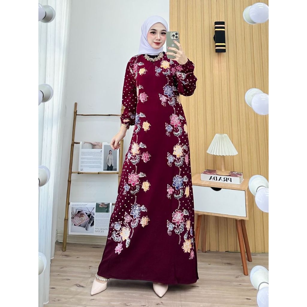 Gamis Batik Encim Adem Nyaman Panjang Muslimah-Marun Titik